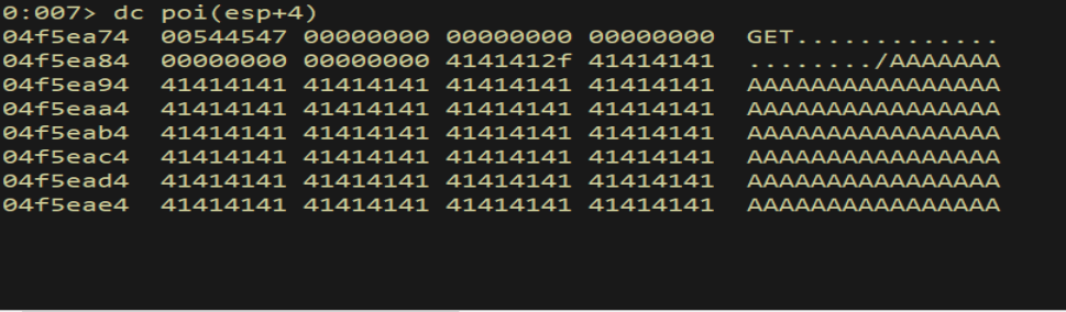dc poi(esp+4) - second stack entry points into our buffer