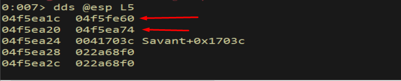dds @esp L5 - confirming esp+4 value is our redirect target