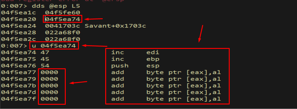 u - disassembly of esp+4 destination; instructions touch EAX register