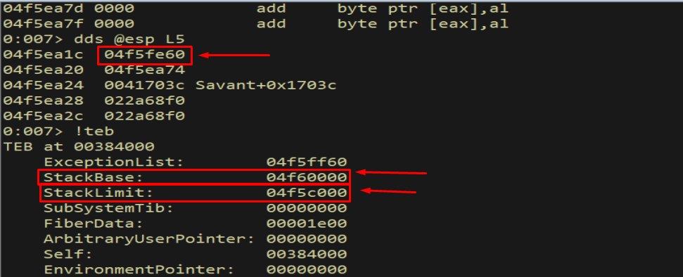 dds @esp + !teb - confirming esp value is within stack limits