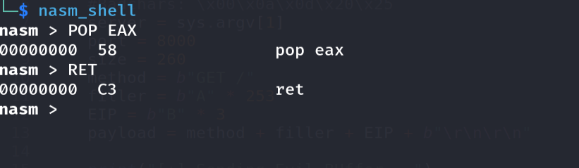 nasm_shell - POP EAX = \x58, RET = \xC3