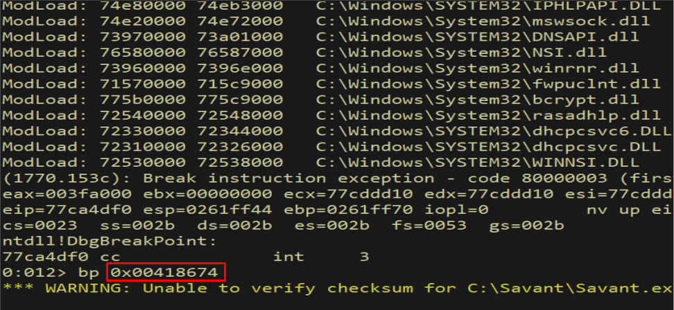Breakpoint set on POP EAX; RET at 0x00418674