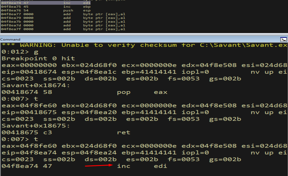 t; t - stepped through POP EAX and RET, now in the A-buffer