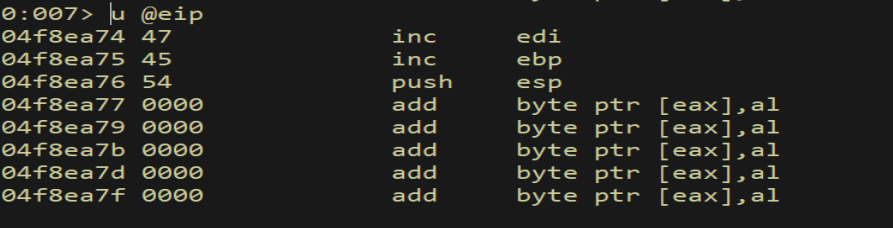 u @eip - our A-buffer bytes are being disassembled as instructions