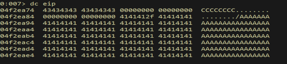 dds @eip - method region in memory holds our 0x43 bytes