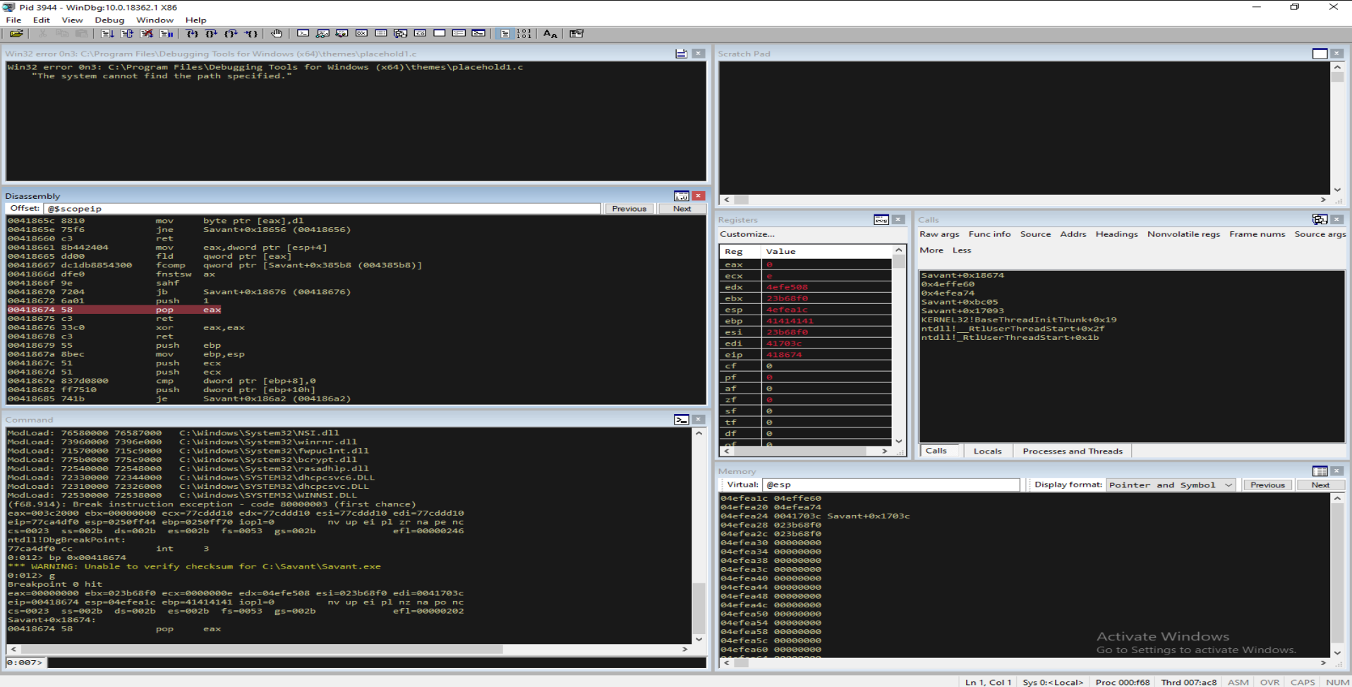 WinDbg - application crashes with breakpoint hit