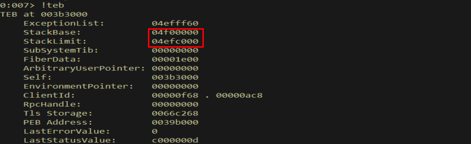 !teb - secondary buffer address is outside the stack limits