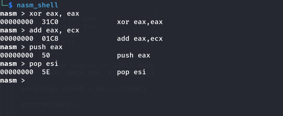 nasm_shell - identical output to Keystone, confirming both assemblers agree