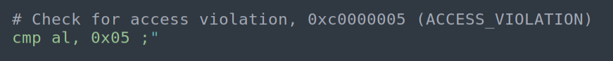 CMP AL, 0x05 - check low byte for STATUS_ACCESS_VIOLATION