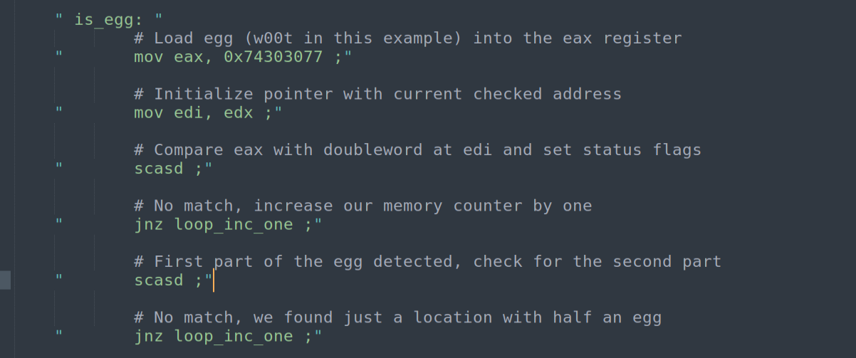 is_egg block - load egg value, set EDI, call SCASD twice