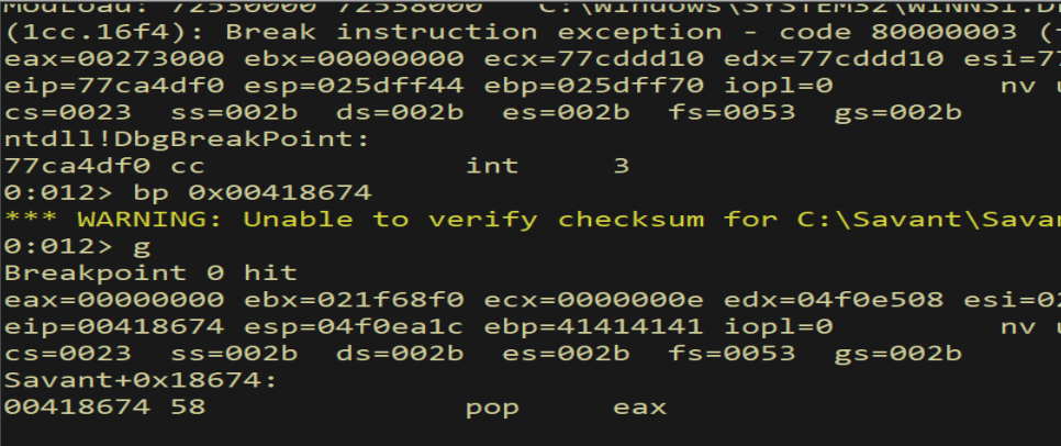 WinDbg - application crashes with the breakpoint armed