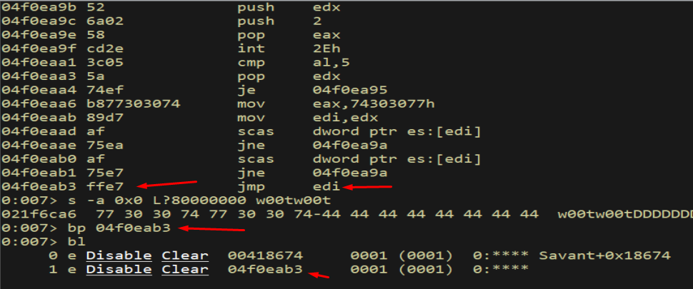 Breakpoint set on JMP EDI - the egghunter's final instruction