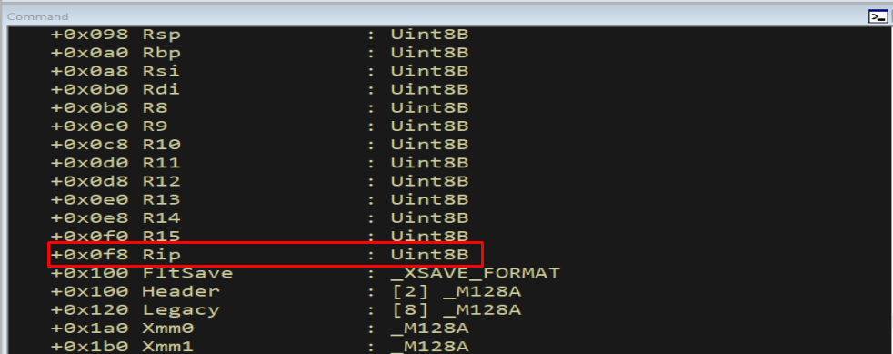 WinDbg output of the _CONTEXT structure showing register fields