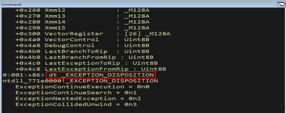 WinDbg output of the _EXCEPTION_DISPOSITION enumeration