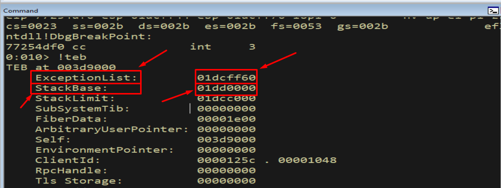 WinDbg !teb output showing the ExceptionList address near StackBase