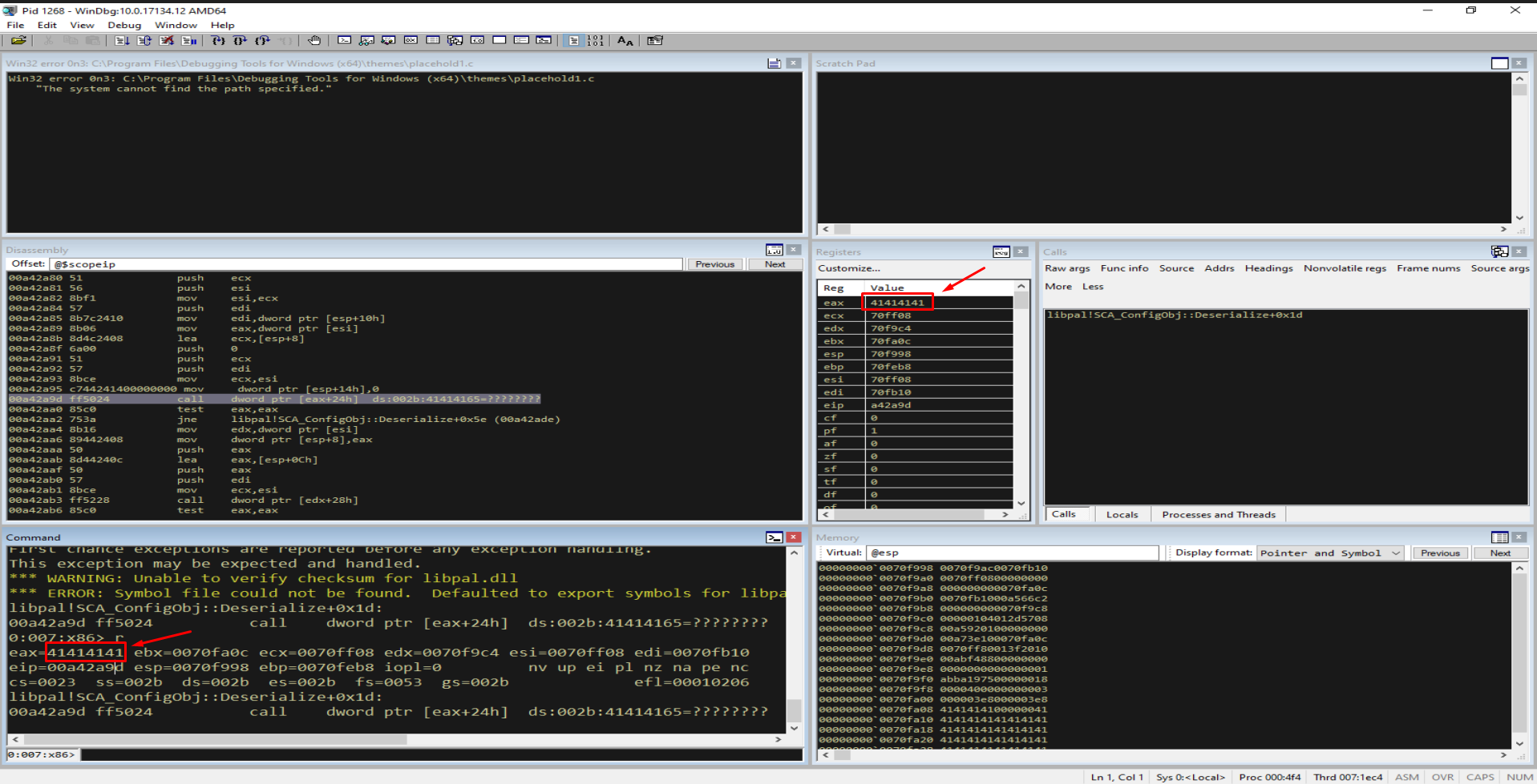 Debugger showing the application crashed with EAX overwritten