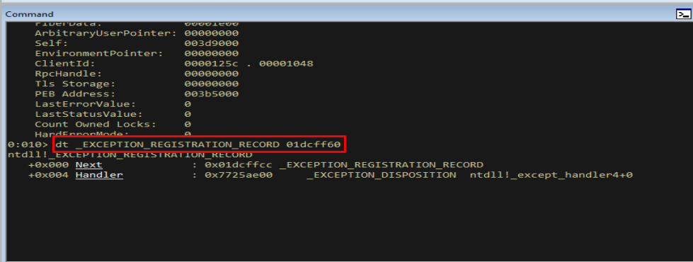 WinDbg dump of the first exception registration record