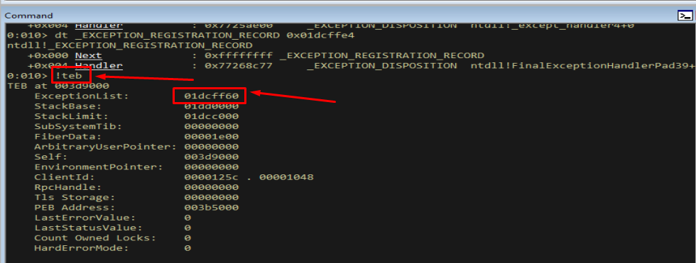 WinDbg !teb output after the overflow