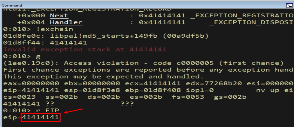 WinDbg showing EIP is 41414141 after the handler is invoked