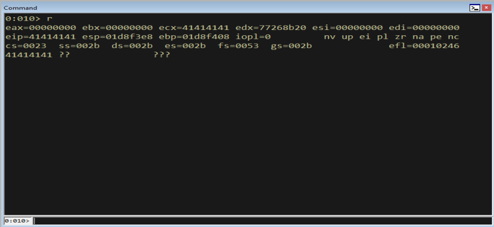 WinDbg register dump at the moment of the SEH hijack