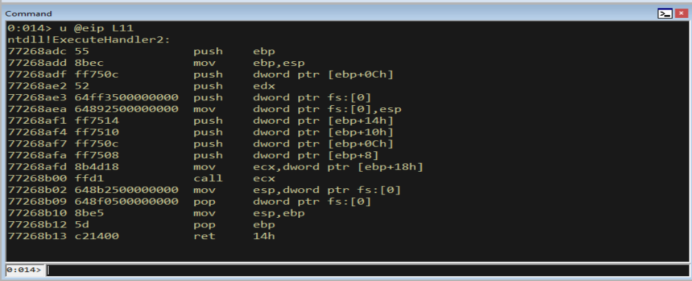 WinDbg disassembly of ExecuteHandler2 showing a call ecx instruction