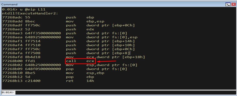 WinDbg highlighting the call ECX instruction that invokes the handler