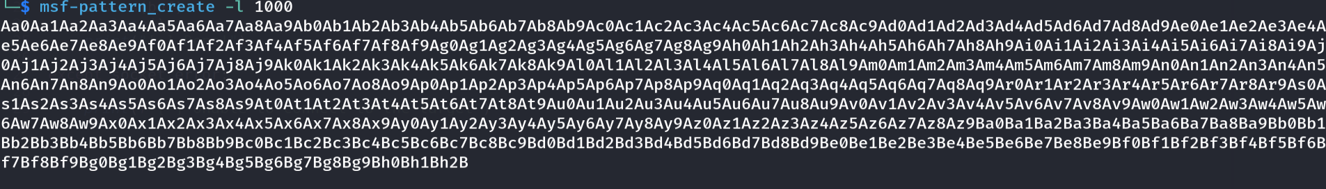 Terminal output of msf-pattern_create generating a 1000-byte cyclic pattern