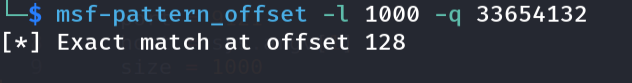 Terminal output of msf-pattern_offset reporting an offset of 128