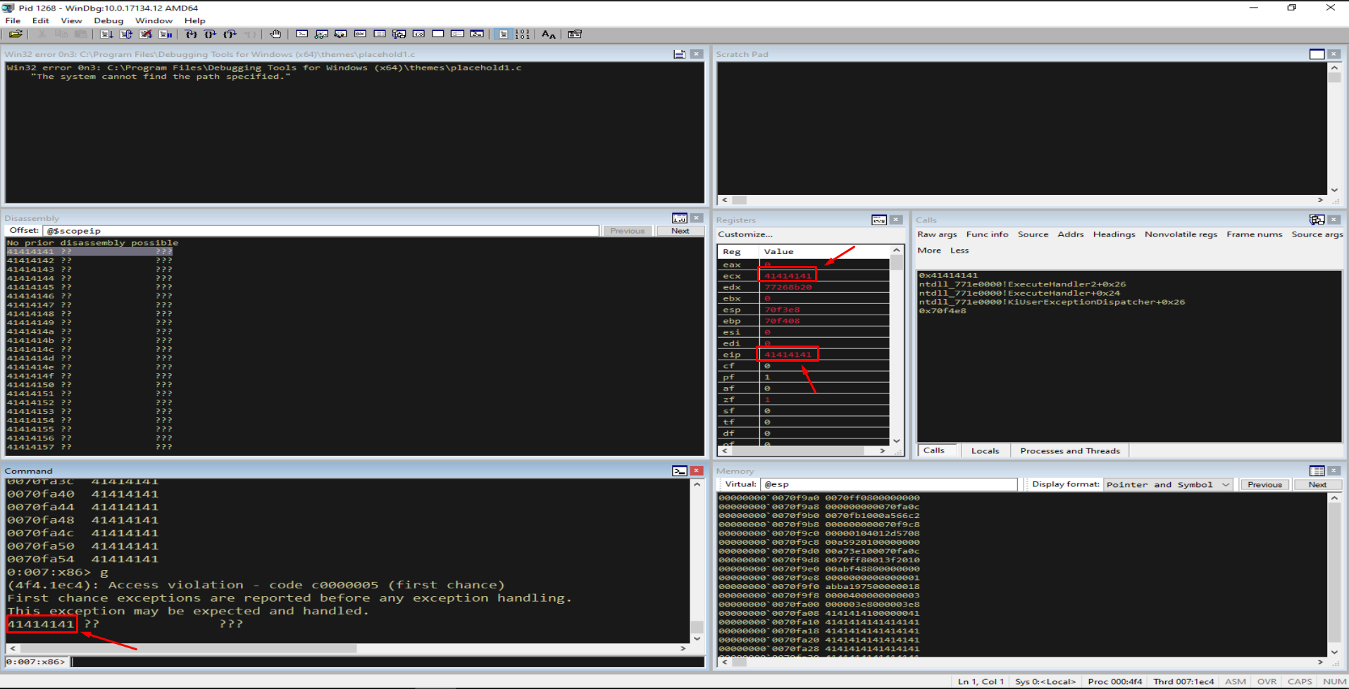 Debugger showing EIP overwritten with 41414141 after continuing