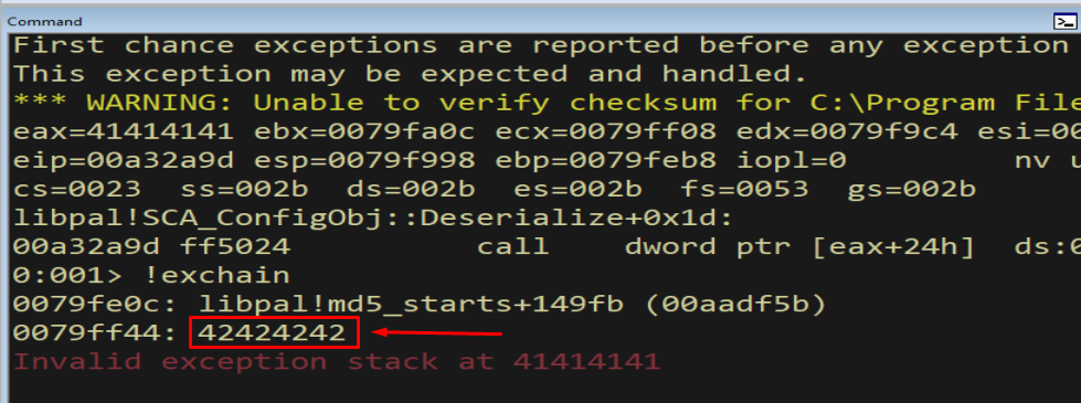 WinDbg !exchain confirming the handler is now 42424242