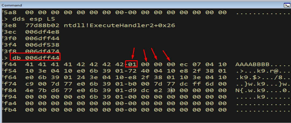 WinDbg db output showing the byte sequence truncated after 0x01