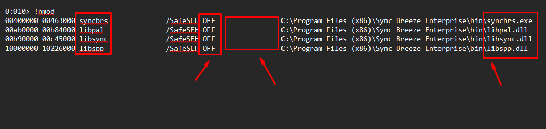 WinDbg !nmod output showing all modules compiled with SafeSEH OFF