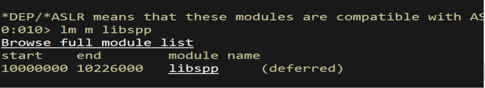 WinDbg lm output giving the libspp module start and end addresses