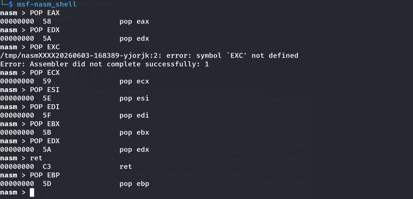nasm_shell output showing the opcodes for various POP instructions