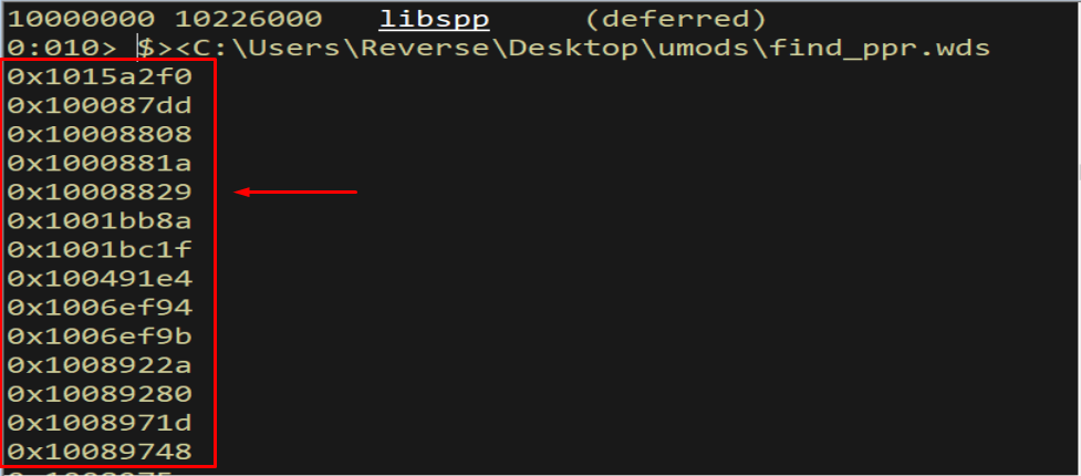 WinDbg output listing addresses that contain POP POP RET sequences