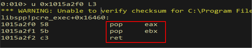 WinDbg disassembly confirming pop eax pop ebx ret at the chosen address