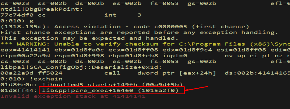 WinDbg !exchain showing the handler pointing at the libssp POP POP RET gadget