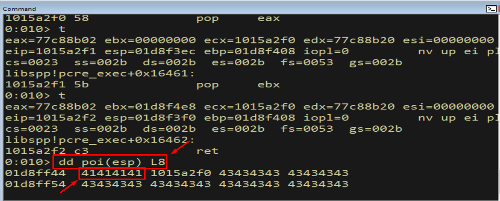 WinDbg showing execution returns to the instruction just before our nSEH buffer