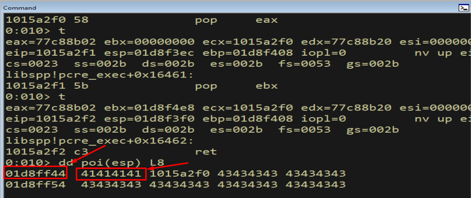 WinDbg showing execution about to hit an invalid address after the gadget