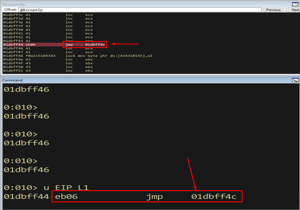WinDbg assembling a short jump and showing the eb06 opcode