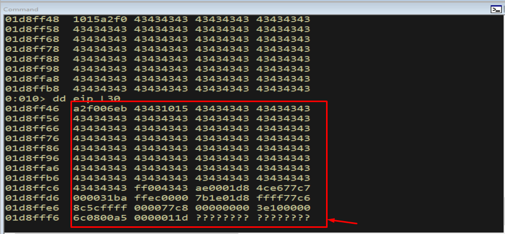 WinDbg showing only a small amount of space is available after the landing