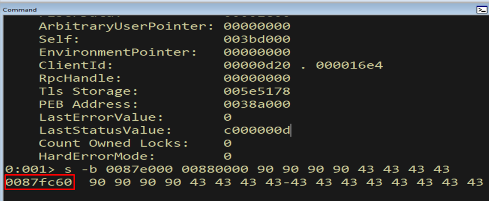 WinDbg searching the stack and finding the dummy shellcode marker