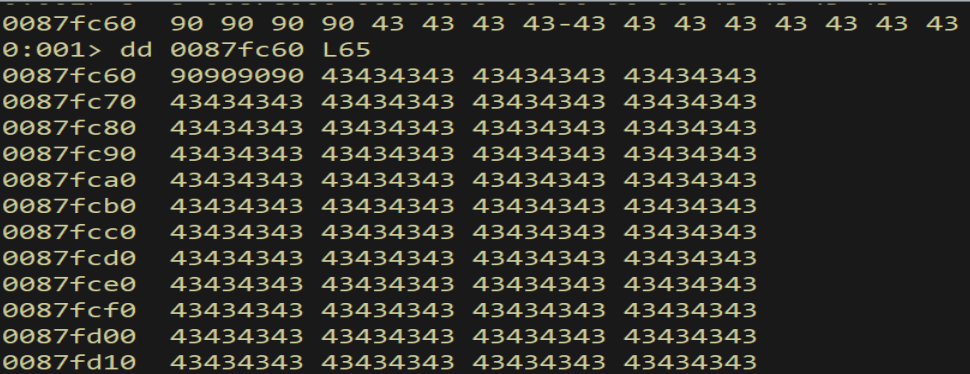 WinDbg dumping the staged region to confirm the shellcode is intact
