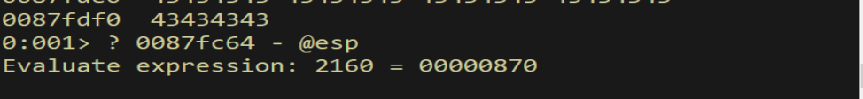 WinDbg evaluating the offset from ESP to the shellcode as 0x870