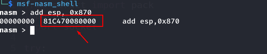 nasm_shell showing add esp,0x870 contains null-byte bad characters
